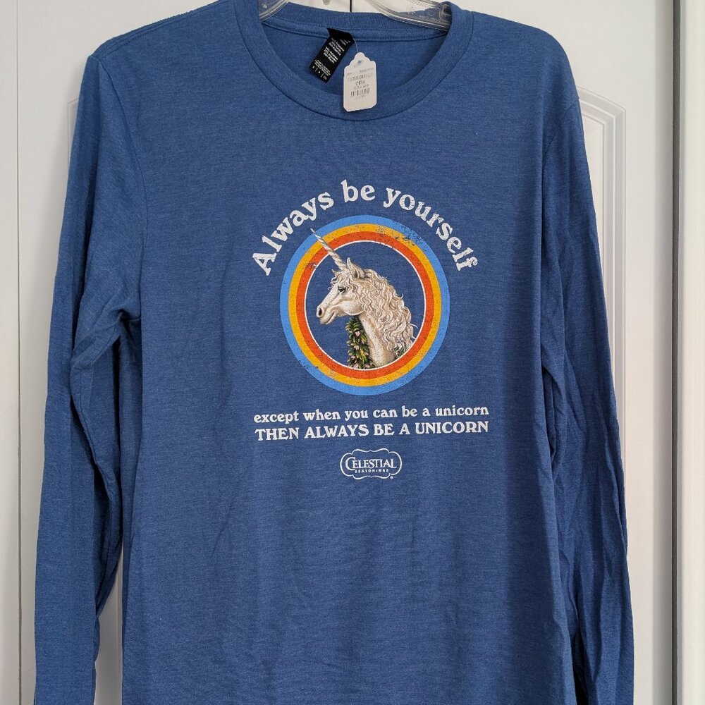 Celestial Seasonings BLUE Long Sleeve "Always be yourself" Unicorn t-shirt-NEW